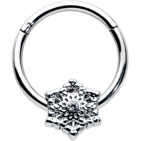 16G 3/8 Clear Gem Filigree Winter Snowflake Hinged Segment Ring