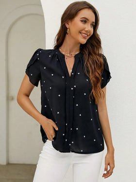 Women's V-Neck Heart Print Blouse – Petal Sleeve Pleated Front Elegant Top
