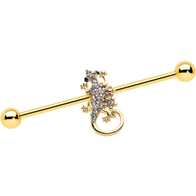14G Clear Gem Gold Tone Luscious Lizard Industrial Barbell 38mm