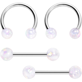 14G 9/16 White Faux Opal Horseshoe Barbell Nipple Ring Set of 4
