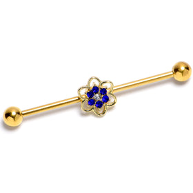 14G Blue Gem Gold Tone Radiant Bloom Flower Industrial Barbell 38mm