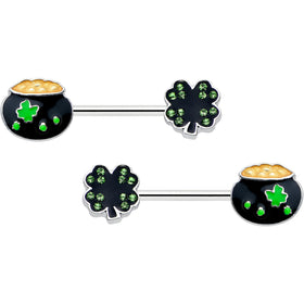 14G 9/16 Green Gem Shamrock Pot of Gold Barbell Nipple Ring Set