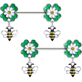 14G 9/16 Yellow Gem Daisy Bee Glittery Barbell Nipple Ring Set