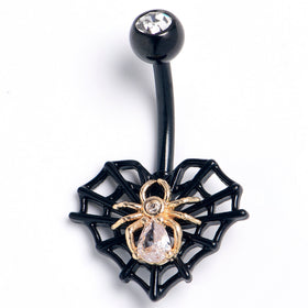 Clear Gem Black Golden Spider Web Heart Belly Ring
