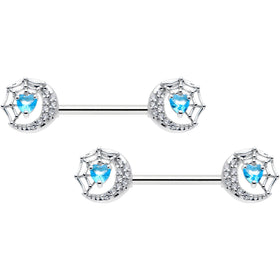 14G 9/16 Blue CZ Gem Heart Web Moon Barbell Nipple Ring Set