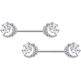 14G 9/16 Clear CZ Gem Heart Web Moon Barbell Nipple Ring Set