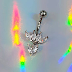 Clear Gem Quartet Heart Dangle Belly Ring
