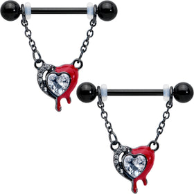 14G 9/16 Clear Gem Black Bleeding Heart Chain Dangle Nipple Ring Set