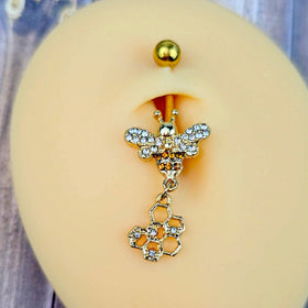 Clear Gem Gold Tone Lavish Butterfly Honeycomb Dangle Belly Ring