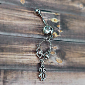 Clear Gem Seeing Dollars Dangle Belly Ring