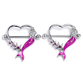 14G 9/16 Pink Gem Pink Mermaid Tails Stars Nipple Shield Set