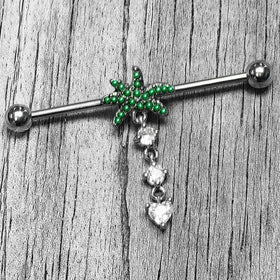 14G Clear Gem Palm Tree Love Dangle Industrial Barbell 38mm