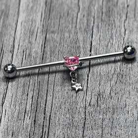 14G Pink CZ Gem Starry Saturn Heart Dangle Industrial Barbell 38mm