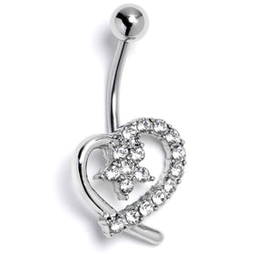 Clear CZ Gem Internally Threaded Blossom Heart Belly Ring