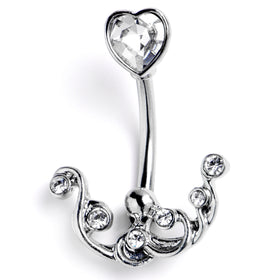 Clear Gem Heart Scrolling Elegance Double Mount Belly Ring