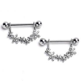 14G 9/16 Clear Gem Flower Chain Dangle Nipple Ring Set
