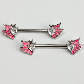14G 9/16 Clear Gem Heart Butterfly Pink Barbell Nipple Ring Set