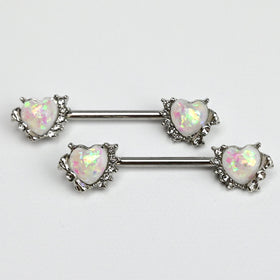 14G 9/16 White Faux Opal Sun Heart Barbell Nipple Ring Set