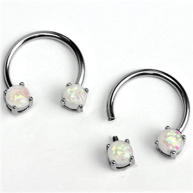 14G 9/16 White Faux Opal Internally Threaded Horseshoe Nipple Ring Set