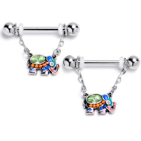 14G 9/16 Green Gem Colorful Elephant Dangle Nipple Ring Set
