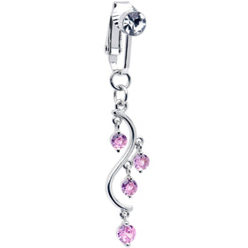 Pink CZ Gem Swirl Dangle Clip on Fake Belly Ring