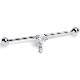 14G Clear CZ Gem Saturn Heart Dangle Industrial Barbell 38mm