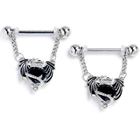 14G 9/16 Black CZ Gem Heart of Dragon Dangle Nipple Ring Set