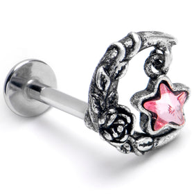 16G 5/16 Pink Gem Ornate Moon Star Labret Monroe Tragus