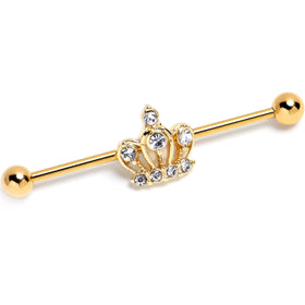 14G Clear CZ Gem Gold Tone Epic Crown Industrial Barbell 38mm