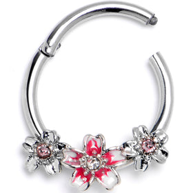 16G 3/8 Pink Clear Gem Perfect Flowers Hinged Segment Ring