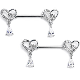 14G 9/16 Clear CZ Gem Asymmetrical Heart Dangle Nipple Ring Set