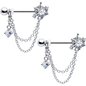 14G 9/16 Clear CZ Gem Spiderweb Chain Dangle Nipple Ring Set