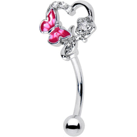 16G 5/16 Clear Gem Butterfly Rose Flower Pink Curved Eyebrow Ring