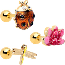 16G 1/4 Clear Gem Gold Tone Ladybug Lotus Cartilage Set of 3