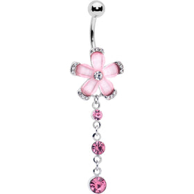 Pink Clear Gem Retro Flower Glamour Dangle Belly Ring