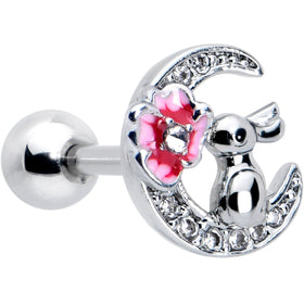16G 1/4 Clear CZ Gem Rabbit on the Moon Pink Cartilage Earring