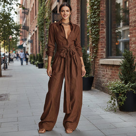 Women's Collar Long Sleeve Top & High-Waist Pants Two-Piece Set – 5 Colors