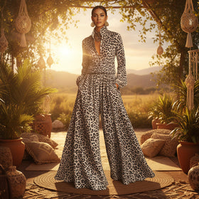 Leopard Print Wide-Leg Pants Set – Women’s Casual Two-Piece