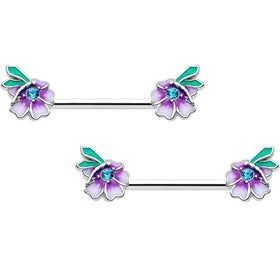 14G 9/16 Blue Gem Faerie Flower Purple Barbell Nipple Ring Set