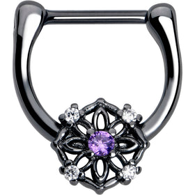 16G 5/16 Purple Clear CZ Gem Black Flower Ring Cartilage Clicker