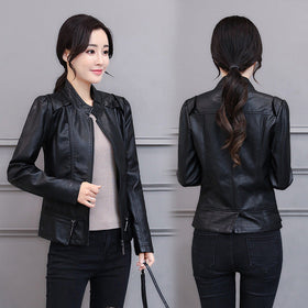 Korean-Style Slim Fit Motorcycle Leather Coat — Stand-Up Collar