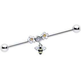 14G Yellow CZ Gem Flower Bee Dangle Industrial Barbell 38mm