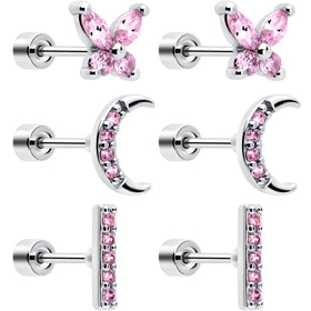 Pink CZ Celestial Butterfly Flat Back Stud Earrings - 3 Pairs