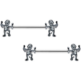 14G 9/16 Two Tone Halloween Mummy Barbell Nipple Ring Set