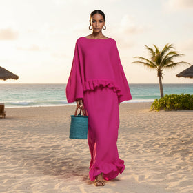 Women's Long Sleeve Top & Irregular Hem Skirt Set | Elegant Solid Color 2-Piece in 4 Colors