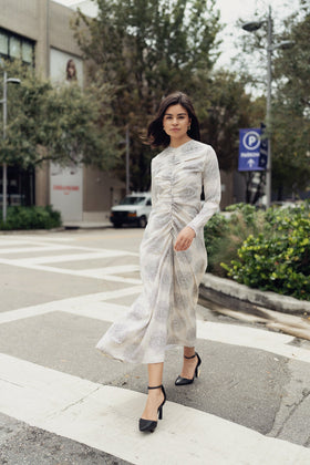 profile-nyc YULIA SHIRRED DRESS IN CREAM PRINT