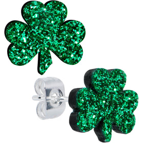 Stainless Steel Green Glitter Shamrock St Patricks Stud Earrings