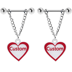 Custom Red White Heart Chain Personalized Name Dangle Nipple Ring Set