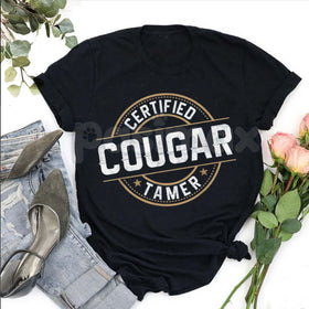 "Certified Cougar Tamer" Funny Men's T-Shirt - Humorous Cougar Costume Graphic Tee, Premium 100% Cotton Sarcastic Men's Gift, Witty Adult Humor Bachelor Party Top, Soft Lived-In Heavyweight Casual Apparel, Funny Pick-Up Artist Statement Shirt