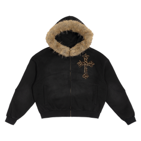 Black Sun Fade Boxy Hoodie With Detachable Fur Hood Cotton 360 GSM DTG Print